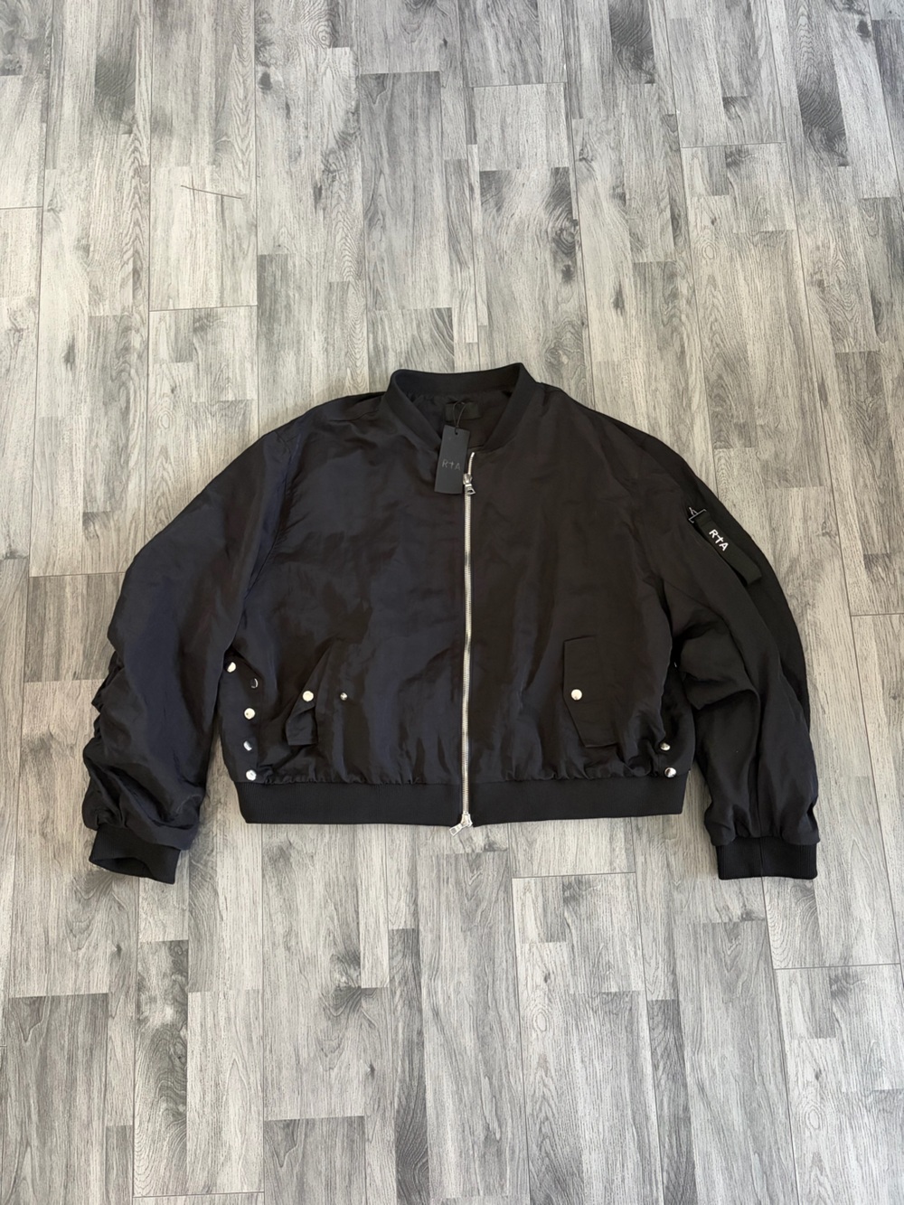 RtA Black Bomber Jacket with Snap Details